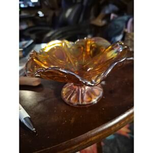 Vintage Marigold/Carnival Glass Footed Bowl/ Compote With Ruffled Edge 7”